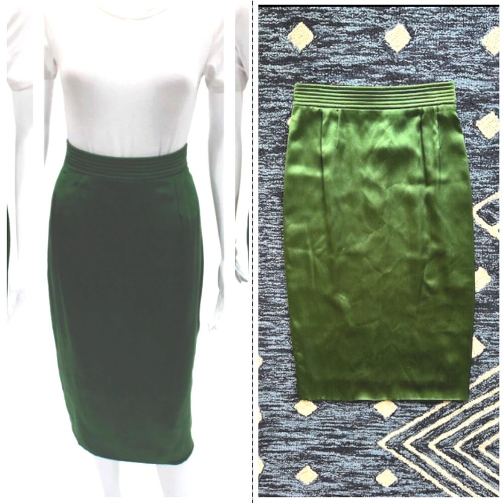 Vintage YSL Yves Saint Laurent Silk Vibrant Green Below Knee Pencil Skirt 10